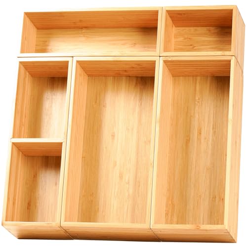 Umilife Drawer Organizer Storage Boxes, 2.5" High Bamboo Drawer Dividers, 5 Rearrangeable Bins for Kitchen, Office Desktop, Clothing, Makeup, vanity, Jewelry