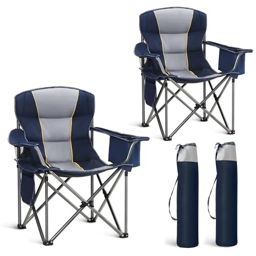 HIGH POINT SPORTS Oversized Portable Camping Folding Chair, Heavy Duty Portable Lawn Chairs, Folding Chairs for Outside with Cup Holder and Cooler Bag for Camp, Travel, Support 450 LBS, 2 Pack,Blue - color: Blue, size: Twin Pack