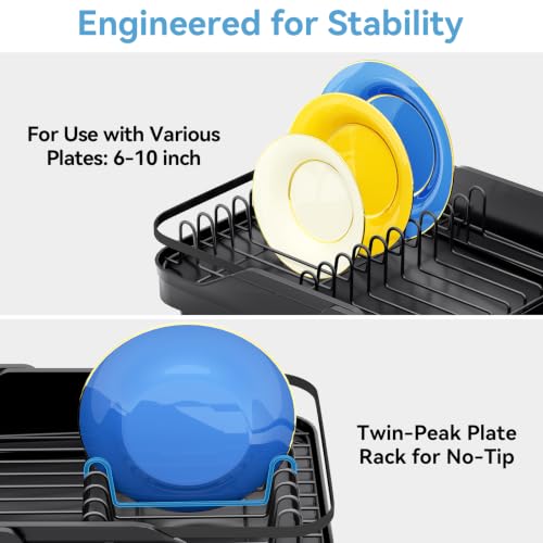 Urackify Expandable Dish Rack for Kitchen Counter,16.14"-23.62" Large Dish Drying Rack with Adjustable Water Spout, Space Saving Dish Drainer with Auto Draining Cutlery Holder, Matte Black - color: Matte Black