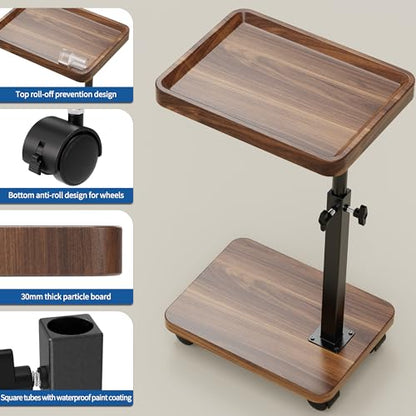 C Table End Table Adjustable Height, 360°Swivel TV Tray Table for Small Spaces, Side Tables with Wheels for Living Room and Bedroom, Bed (Walnut) - color: Walnut-height Adjustable