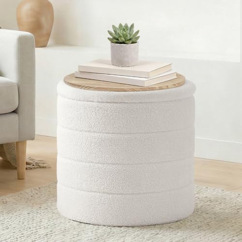 17" Round Storage Ottoman,Boucle Sherpa Ottoman with Tray, Faux Teddy Foot Rest Coffee Table for Bedroom Dorm Living Room,White - color: White, size: 16.9"D x 16.9"W x 17.7"H