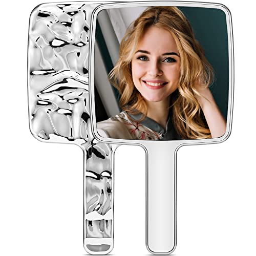 Handheld Mirror, Water Ripples Hand Mirror with Handle for Make up, Square, Silver,Large (6 x 11 inches) - color: Square+silver, size: 11"L x 6.3"W