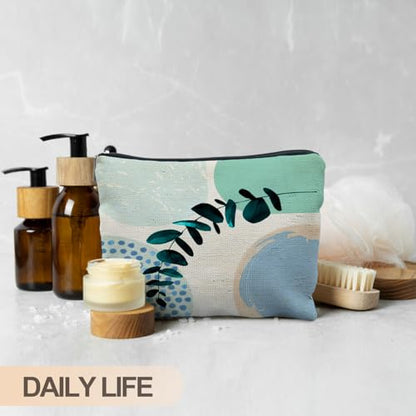 Abstract Boho Blue and Green Makeup Bag, Trendy Botanical Cosmetic Bags for Women, Boho Gifts for Women, Eucalyptus Leaf Botanical Zipper Makeup Pouch - color: Leaf - 1
