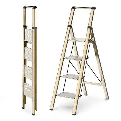 WOA WOA 4 Step Ladder, Ladders for Home, Anti-Slip Pedals, Aluminum Step Stool Foldable, Lightweight to Move, Ease of Storage, Reach 9ft for Closet Kitchen Library, Hold 300lbs - Gold - color: Brown Gold, size: 4 Step