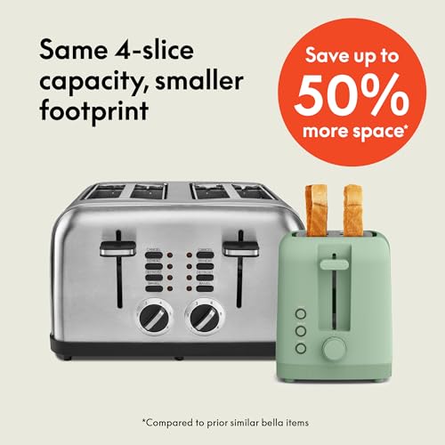 bella 4 Slice Slim Toaster, Fits-anywhere™ Kitchenware, 6 Setting Shade Control with Reheat & Cancel Buttons, Fits Sourdough, 10” Long Slot, Anti Jam & Auto Shutoff, 900 Watt, Seaglass - color: Sea Glass, size: 4 Slice