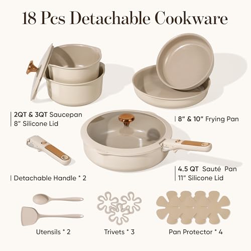 CAROTE 18Pcs Ceramic Cookware Set with Detachable Handle, Pots and Pans Set Non Stick, Non Toxic Cookware Set Removable Handles, Induction Kitchen Cookware Sets, Dishwasher/Oven Safe - color: Bronze Gold White