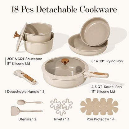 CAROTE 18Pcs Ceramic Cookware Set with Detachable Handle, Pots and Pans Set Non Stick, Non Toxic Cookware Set Removable Handles, Induction Kitchen Cookware Sets, Dishwasher/Oven Safe - color: Bronze Gold White