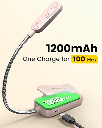 Glocusent 20 LED Reading Lights for Books in Bed, Eye Caring Reading Light, 5 Colors & 5 Brightness 3–100LM Dimmable, 1200mAh Rechargeable Book Light to 90H, Lightweight Clip on Light for Book Lovers - color: Pink