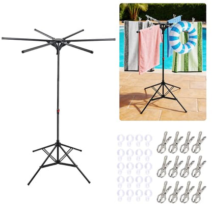 Pool Towel Rack Outdoor Adjustable Height 41.3-61.8In Towel Rack for Pool Heavy-Duty Freestanding Pool Float Storage Rack 4-Legged Stand & 6 Foldable Arms for Drying Swim Gear