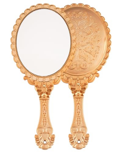 XPXKJ Hand Mirror Vintage Handheld Mirror with Handle Vanity Makeup Mirror Travel Mirrors（Gold） - color: Gold