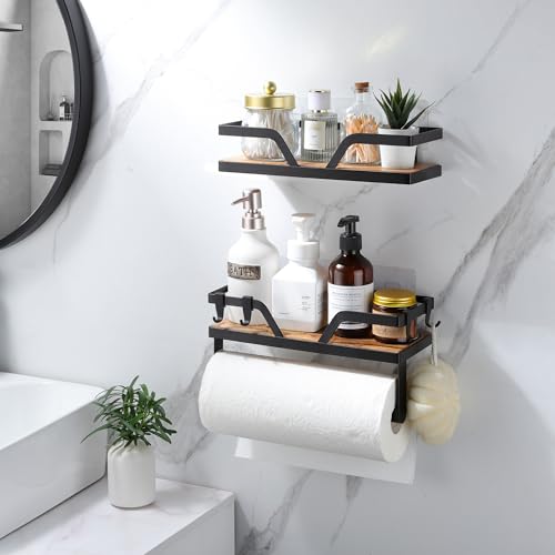 Paper Towel Holder Wall - Kitchen Towel Holder with Shelf Wooden Spice Rack Organizer with 4 Hooks(Self-Adhesive & Wall Mounted)