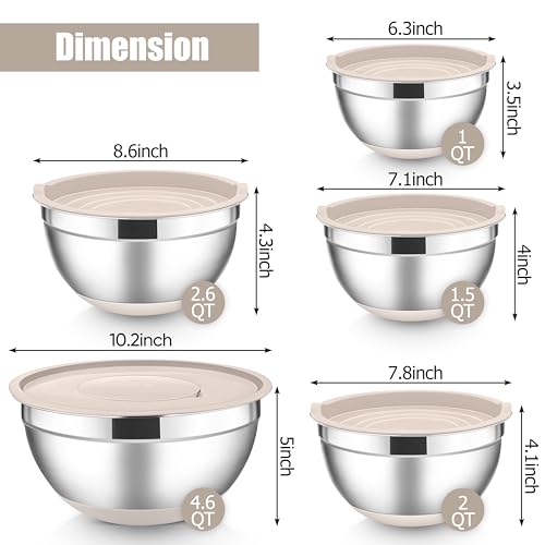 E-far Stainless Steel Mixing Bowls with Lids Set, 5-Piece Nesting Salad Bowls with 3 Grater Attachments and Non-Slip Bottoms, Size 4.6, 2.6, 2, 1.5, 1QT for Kitchen (Khaki) - color: Khaki, size: 5 Regular Sizes