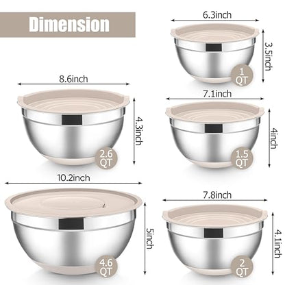 E-far Stainless Steel Mixing Bowls with Lids Set, 5-Piece Nesting Salad Bowls with 3 Grater Attachments and Non-Slip Bottoms, Size 4.6, 2.6, 2, 1.5, 1QT for Kitchen (Khaki) - color: Khaki, size: 5 Regular Sizes