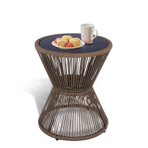 SUNNYPARK Outdoor Side Table 20'' H Small End Tables Woven Rope Weather Resistant with Glass Top Round Coffee Table for Indoor Balcony Patio Poolside (Brown) - color: Brown