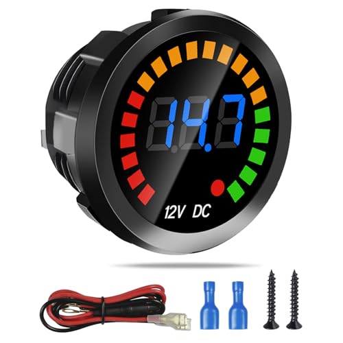 Waterproof DC 12V Voltage Meter, LED Digital Display Voltmeter Gauge Panel, Round Battery Monitor with Wires & Terminals & Srews, for Marine Car Automotive Vehicle Truck Boat RV ATV UTV, Short Body - color: Black, size: 1P