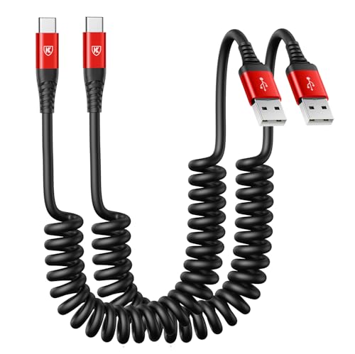 Coiled USB A to USB C Cable for Car 6FT 2Pack USB C Charger Cable Fast Charging Type C Charger Cord USB-C Cable Compatible with iPhone 17/16/15/Plus/Pro/Pro Max/Samsung Galaxy S23 A20 - Red - color: Red, size: 6FT