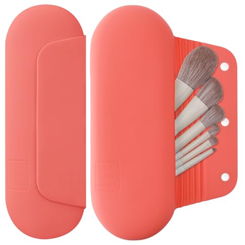 AGIKET Silicone Makeup Brush Holder Travel Cosmetic Bag：Soft Portable Cosmetic Face Brushes Holder with Upgrade Anti-Fall Out Magnetic Closure, Large Travel Makeup Brush Case - Guava - color: Guava, style: Brush Holder