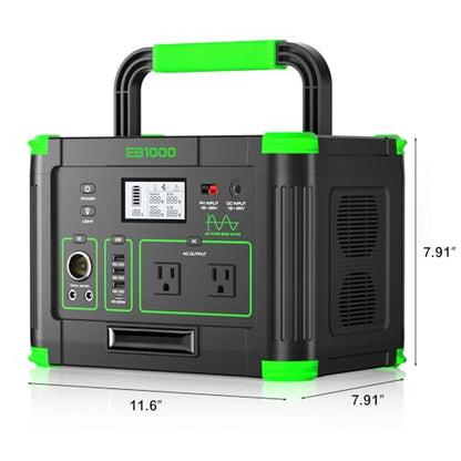Portable Power Station 1000W, 999Wh Solar Generator, Pure Sine Wave AC Outlet with PD 60W USB-C Fast Charging, Outdoor Camping RV Van Home Backup Off-Grid Living - color: Green & Black