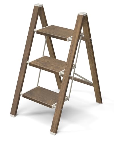 Mayi Plus 3 Step Ladder,Aluminum Folding Step Stool for Adults,Step Ladder with Wide Anti-Slip Pedal,330 lbs Capacity for Home,Kitchen,Library,Office(Cherry Woodgrain) - color: Cherry Woodgrain, size: 3 Step