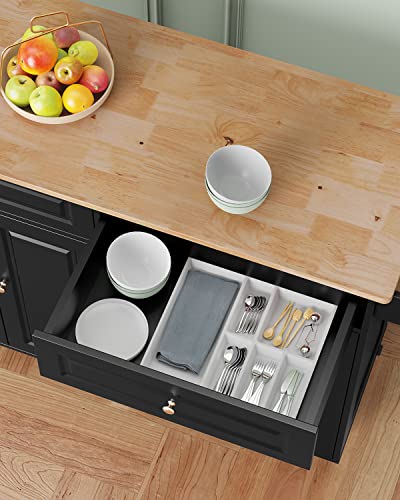 Qsun Kitchen Island with Storage, Kitchen Cart on 5 Universal Wheels, Mobile Kitchen Island with Rubber Wood Top and Side Rack (Black) - color: Black