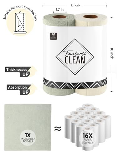 Fantasticlean Kitchen Towels - 40 Sheets - Reusable Washable Dishcloth Rolls, Super Absorbent, Premium Microfiber Cleaning Cloths, 10'' by 10'' (Beige, MossGreen) - color: Beige and Mossgreen