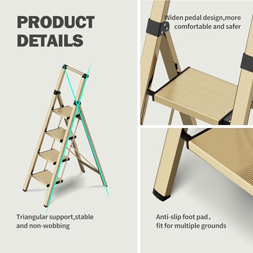 4 Step Ladder, Lightweight Folding Step Stool with Anti-Slip Aluminum Wide Pedal& Convenient Handgrip, 330lbs Capacity Steel Ladder for Household and Office (Gold) - color: Gold, size: 4 Step