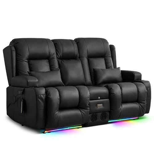 TUNYI Power Loveseat Recliner Sofa with Massage & Heat Home Theater Seating with Console RV Recliner Loveseat Sofa with USB/Storage/Side Pocket/LED Light/Speaker (Black, Loveseat) - color: Black, size: 2 Seat
