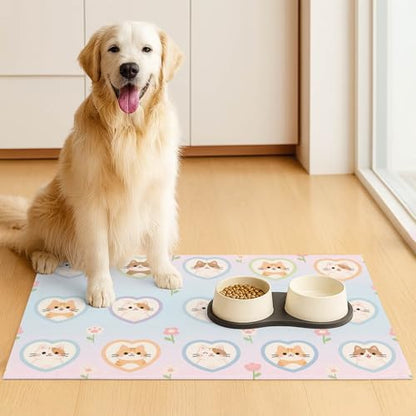HOMETITUTE Cat Food Mat Pastel Heart Kitten Print, Non-Slip Elegant Pet Bowl Placemat for Indoor Cats, 20" x 12" - color: colorful1