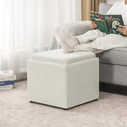 Adeco 17 inch Faux Leather Storage Ottoman with Reversible Tray Lid, Modern Square Cube Footrest Stool & Coffee Table for Living Room, Bedroom, and Dorm, White - color: White With Tray