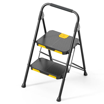 KINGRACK 2 Step Ladder, Sturdy Steel Step Stool with Safe-Lock Design, Handrail, Anti-Slip Wide Pedals, Pass 800lbs Load Testing, Folding Portable Ladder for Multi-Purpose, Home, Kitchen, Black - size: 2-Step