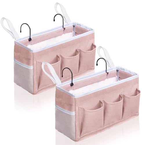 Kanrichu Bedside Caddy Hanging Storage Bag, Organizer Baskets with Pockets for Bunk Bed Accessories, Loft & Dorm Rooms Chair Bed Rails (Pink-2pcs) - color: Pink-2pcs