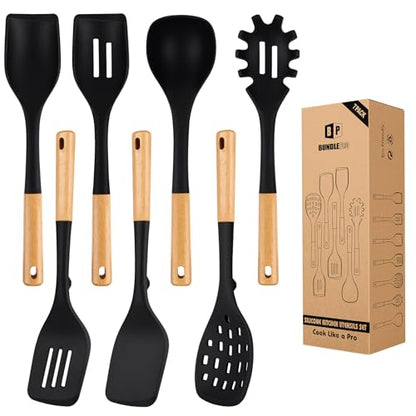 Silicone Kitchen Utensil Set for Non Stick Cookware, 7 Pcs Heat Resistant Cooking Utensils with Wooden Handle, BPA Free Kitchen Tools with Spatulas, Spoons, Skimmer and Pasta Fork (BLACK) - color: Black
