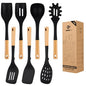 Silicone Kitchen Utensil Set for Non Stick Cookware, 7 Pcs Heat Resistant Cooking Utensils with Wooden Handle, BPA Free Kitchen Tools with Spatulas, Spoons, Skimmer and Pasta Fork (BLACK) - color: Black