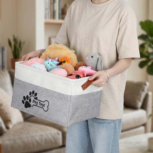 2-Pack Linen Toy Basket for Dogs, Foldable Dog Toy Storage Basket with Handles, Gray Organizer Bin for Pet Toys, Leashes, Blankets & Accessories (15x11x9 Inches)