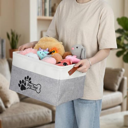 2-Pack Linen Toy Basket for Dogs, Foldable Dog Toy Storage Basket with Handles, Gray Organizer Bin for Pet Toys, Leashes, Blankets & Accessories (15x11x9 Inches)