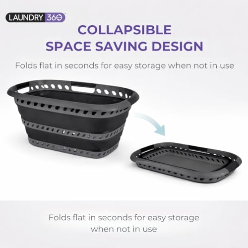 Laundry 360 Collapsible Laundry Basket 40L | Portable | Space Saver Storage | Hold 2 Loads | Store Under the Bed or Closet | Good for Kids | Dorm | Bedroom | Large | Grey/Black - size: 1 Pack Grey 40L