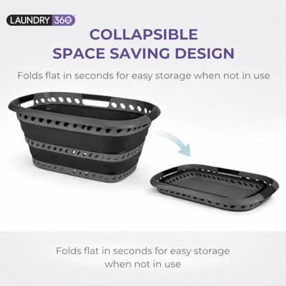Laundry 360 Collapsible Laundry Basket 40L | Portable | Space Saver Storage | Hold 2 Loads | Store Under the Bed or Closet | Good for Kids | Dorm | Bedroom | Large | Grey/Black - size: 1 Pack Grey 40L