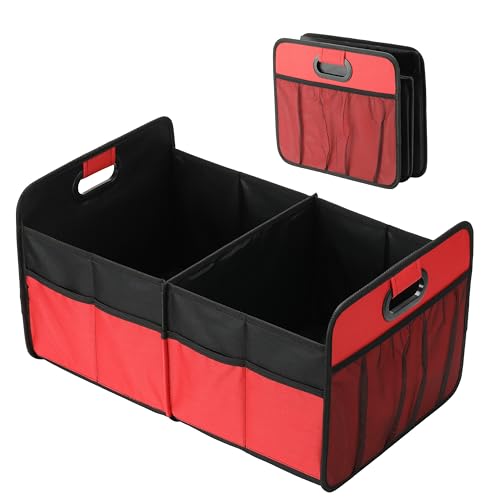 Simple Deluxe Car Trunk Organizer, Anti-slip Design, Made of Waterproof 600D Oxford Polyester, 2 Compartments Collapsible Trunk Storage, Suitable for SUV, 14" D x 22" W x 12" H, Red - color: Red