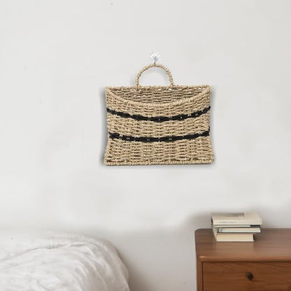 Handmade Seagrass Woven Hanging Basket with Black Cotton Rope - 11.81 x 4.33 x 7.87 Inches - Ideal for Wall Decor & Storage (Half-moon opening) - style: Half-moon opening