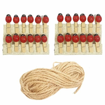 2 Sets Cute Ladybug Photo Clips with Hanging Strings, 24Pcs Mini Wooden Clips and 2 Jute Ropes for Picture Display,Small Pins for Notes Clothes Carfts Home Party Decoration Garland Gifts