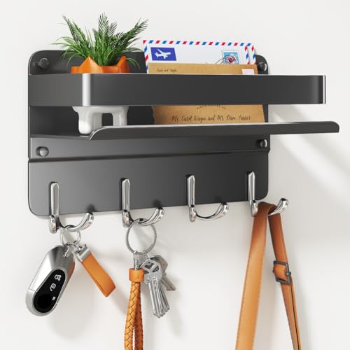 Key Holder Wall Mount Mail Holder for Wall with Shelf Includes Key Hook and Wallet Holder Hanging Key Rack with Sunglasses Storage Decorative with 8 Hooks(Black) - color: Black