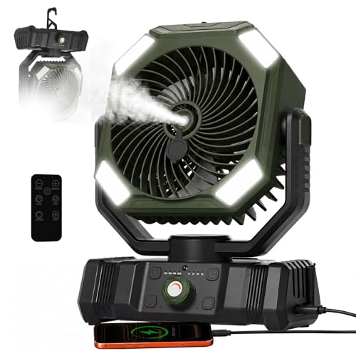 USONE Portable Misting Fan, 5-in-1 Camping Fan Rechargeable, LED Light, Remote & Timer, [Max 48Hrs] Battery Operated Tent Fan with Hook for Patio, Beach Outdoor, Emergency Backup, Olive Green - color: Olive Green, size: 10000mAh