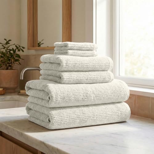 Great Bay Home Turkish Cotton 6 Piece Towel Set - Absorbent, Quick-Drying, Ribbed Bath Towels for Bathroom - Zero-Twist Fibers (Cream) - color: Cream