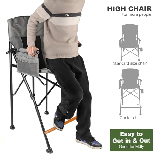 LANMONTAIN 2 Pack Tall Folding Camping Chairs,30.7'' Seat Height Portable Hard Arm Bar Chairs w/Cup Holder,Side Mesh Pocket and Footrest,Heavy Duty Support 350 Lbs Comfy Director Chairs,Black&Grey - color: Black&grey 2 Pack