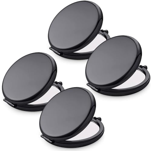 Compact Mirror for Purse, Metal Round Shell, Double-Sided 1X/2X Magnifying, Portable Travel Small Makeup Mirror, Mini Pocket Mirror, Black, 4 Packs - color: Black