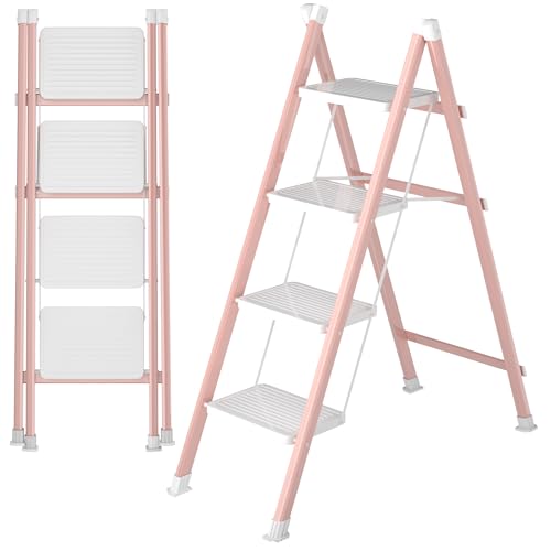 DIAMONDFORGE 4 Step Folding Ladder, Heavy Duty Steel Step Stool with Anti-Slip Wide Pedal & Feet, 600 lbs Capacity, Safety Ladder for Home and Office, Pink White - color: Pink White, size: 4 Step