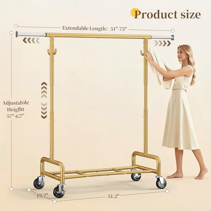 Raybee 75" W Heavy Duty Clothes Rack Load 450 LBS, Metal Garment Storage with Shelf, Lockable Wheels & Anti-Slip Stoppers, Rolling Clothing Rack for Bedroom Laundry Room, Gold - color: Gold, style: Rod Shelf