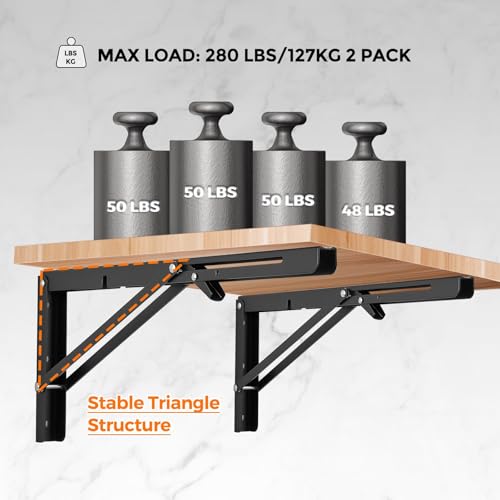 Ravinte -2 Pack 20 Inch Folding Shelf Brackets – Matte Black, Heavy Duty Collapsible Brackets for Tables and Benches – Space-Saving Design - size: 20 Inch
