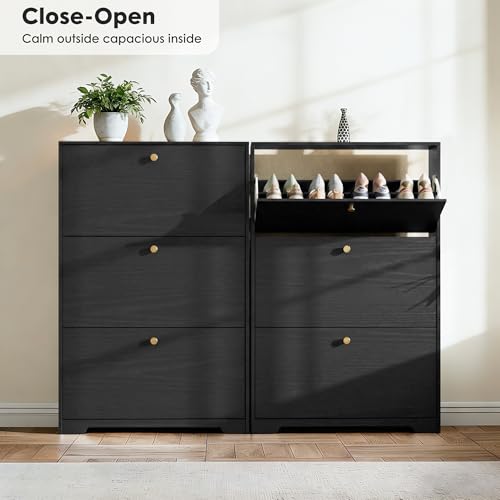 Nicetree Shoe Cabinet with 3 Flip Drawers, Narrow Shoe Organizer Cabinet, Freestanding Shoe Rack Cabinet, Modern Shoe Storage Cabinet for Entryway, Hallway, Foyer, Black with Hook - color: Black, style: 3-Drawers with Hook