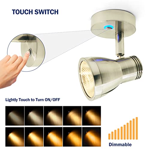 THALASSA RV Overhead Reading Light 12V LED Spotlight Camper Motorhome Interior Warm Light Brushed Nickel with Blue Small Reminder Light, Adjustable Touch Dimmer Switch 3W DC 10-30V - color: Brushed Nickel Finish